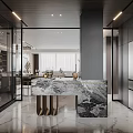 Modern Living and Dining Room Interior Design With Marble Island Glass Wine Cabinet Bar Stools