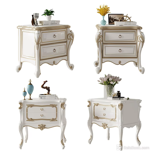 Elegant White Nightstand With Gold Accents Ornate Carved Details And Two Drawers 3d model 