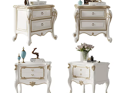 Elegant White Nightstand With Gold Accents Ornate Carved Details And Two Drawers 3d model