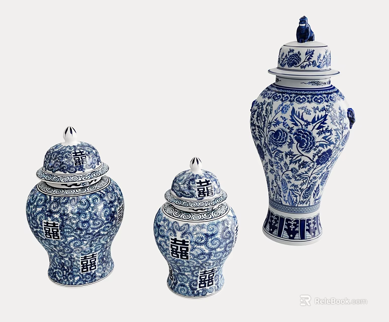 Traditional Blue and White Ceramic Vessels with Floral Patterns and Lidded Design Set of Three 3d model 