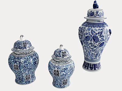Traditional Blue and White Ceramic Vessels with Floral Patterns and Lidded Design Set of Three 3d model