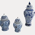 Traditional Blue and White Ceramic Vessels with Floral Patterns and Lidded Design Set of Three