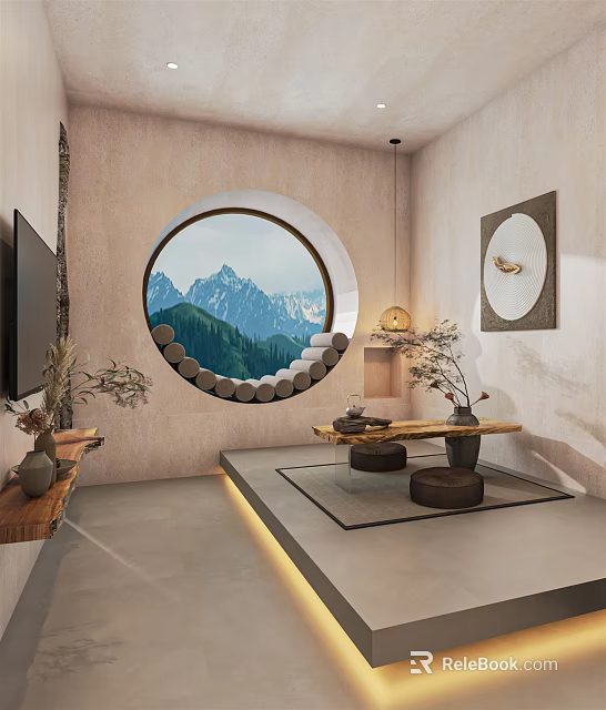 Modern Hotel Guest Room With Circular Window Mountain View And Tea Table Decor 3d model 