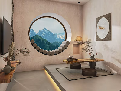 Modern Hotel Guest Room With Circular Window Mountain View And Tea Table Decor 3d model