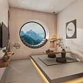 Modern Hotel Guest Room With Circular Window Mountain View And Tea Table Decor