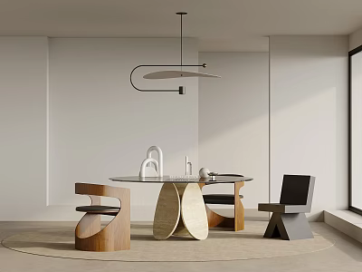 Modern Restaurant Interior With Round Dining Table Designer Chairs And Hanging Pendant Light 3d model