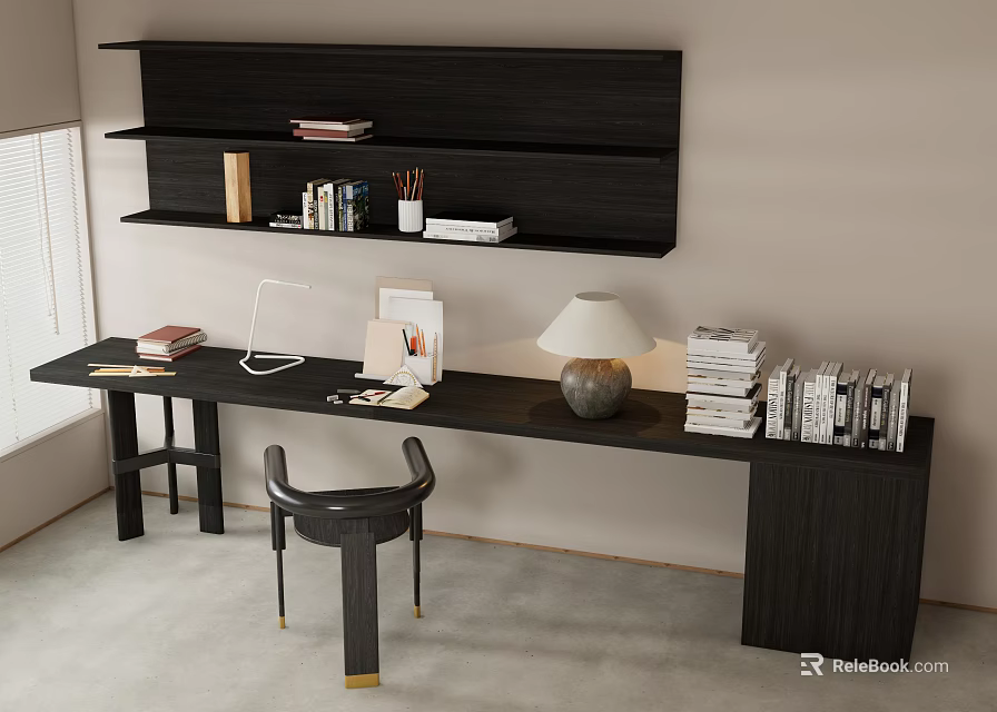 Modern Dark Wood Desk with Wall Shelf Table Lamp Books and Gold Leg Chair 3d model 