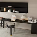 Modern Dark Wood Desk with Wall Shelf Table Lamp Books and Gold Leg Chair