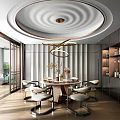 Elegant Modern Restaurant Interior With Round Dining Table Chandelier Circular Ceiling Design And Dark Cabinets 3d model