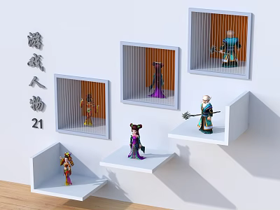 Collectible Game and Movie Character Figures Display on White Shelves With Diverse Poses And Designs 3d model