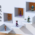 Collectible Game and Movie Character Figures Display on White Shelves With Diverse Poses And Designs