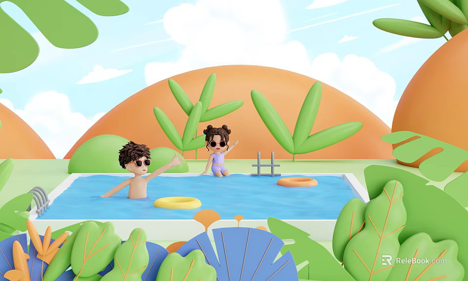 Cartoon Swimming Pool Scene With Kids Swimming Floats Green Plants And Orange Hills 3d model 
