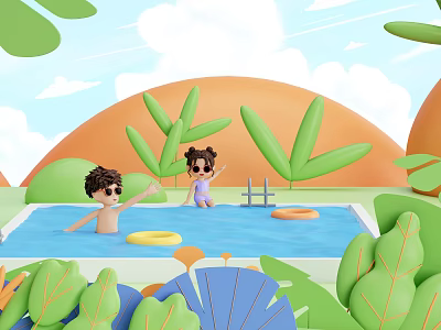 Cartoon Swimming Pool Scene With Kids Swimming Floats Green Plants And Orange Hills 3d model