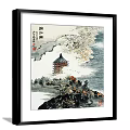 Traditional Chinese Landscape Painting With Pagoda Mountains Waves And Flying Birds