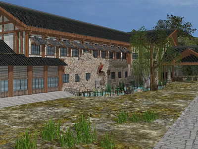 Traditional Chinese Architecture Courtyard With Wooden Frames Brick Walls And Greenery 3d model