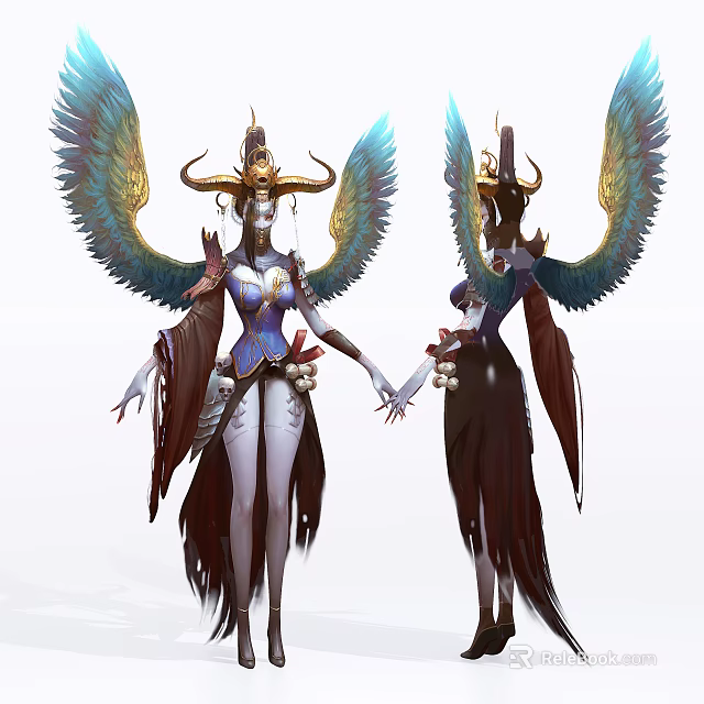 Game Movie Character With Large Blue Green Wings Golden Horns And Decorative Purple Blue Outfit 3d model 