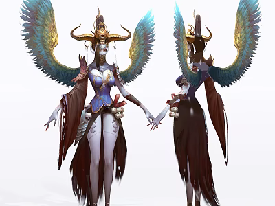 Game Movie Character With Large Blue Green Wings Golden Horns And Decorative Purple Blue Outfit 3d model
