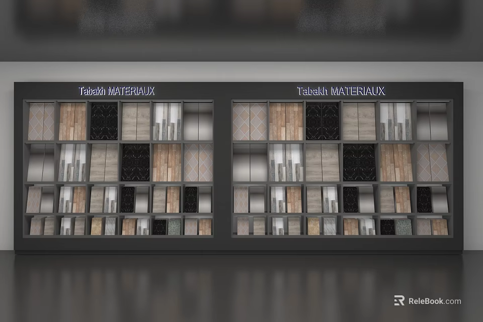Modern Display Shelves for Building Materials with Various Tile Wood and Panel Samples 3d model