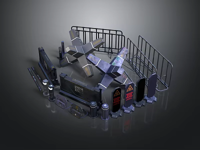 Industrial Scene Components With Metal Railings Platform Equipment And Warning Signs 3d model