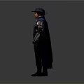 Man in Black Hat Dark Blue Cape Black Leather Outfit with Boots on Gray Background