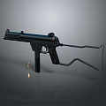 Black Submachine Gun With Foldable Stock And Bullets On Gray Background 3d model