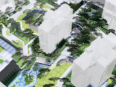 Contemporary Residential Community Landscape With Buildings Trees Lawns And Walkways 3d model