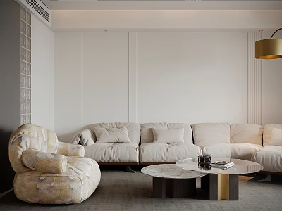 Warm Minimalist Modern Living And Dining Room With Plush Sofa And Marble Coffee Tables 3d model
