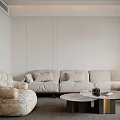 Warm Minimalist Modern Living And Dining Room With Plush Sofa And Marble Coffee Tables
