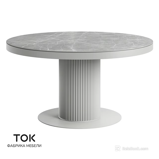Modern Round Dining Table With Marble Texture And Fluted Pedestal Base 3d model 