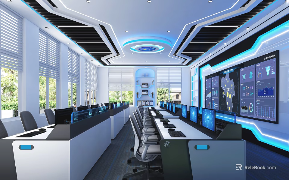 School Advanced Technology Lab Featuring Modern Workstations Digital Screens And Blue Lighting 3d model 