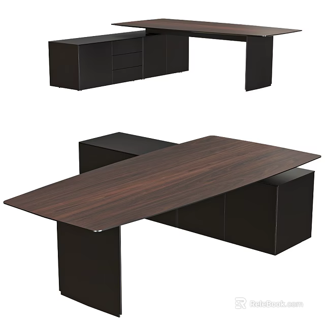 Modern Dark Walnut Office Desk With Rectangular Top And Black Drawer Cabinet Storage 3d model 