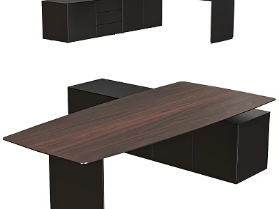 Modern Dark Walnut Office Desk With Rectangular Top And Black Drawer Cabinet Storage 3d model