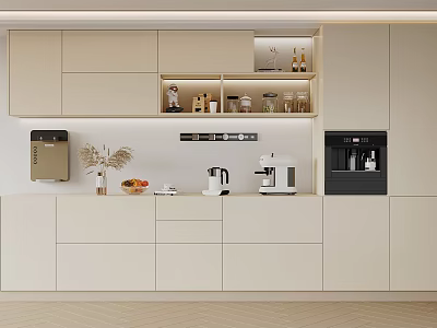 Modern Beige Kitchen Sideboard With Storage Drawers Cabinets And Coffee Machine 3d model
