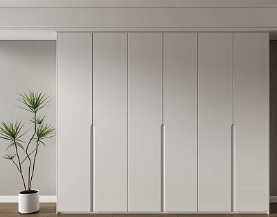 Modern Minimalist Light Gray Wardrobe With Multiple Panel Doors Green Plant And Wooden Floor 3d model