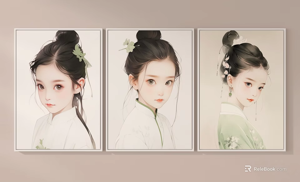 Traditional Female Portrait Paintings With Bun Hairstyle Green Leaf Decorations And Framed Traditional Clothing 3d model 