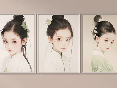 Traditional Female Portrait Paintings With Bun Hairstyle Green Leaf Decorations And Framed Traditional Clothing 3d model