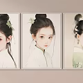 Traditional Female Portrait Paintings With Bun Hairstyle Green Leaf Decorations And Framed Traditional Clothing
