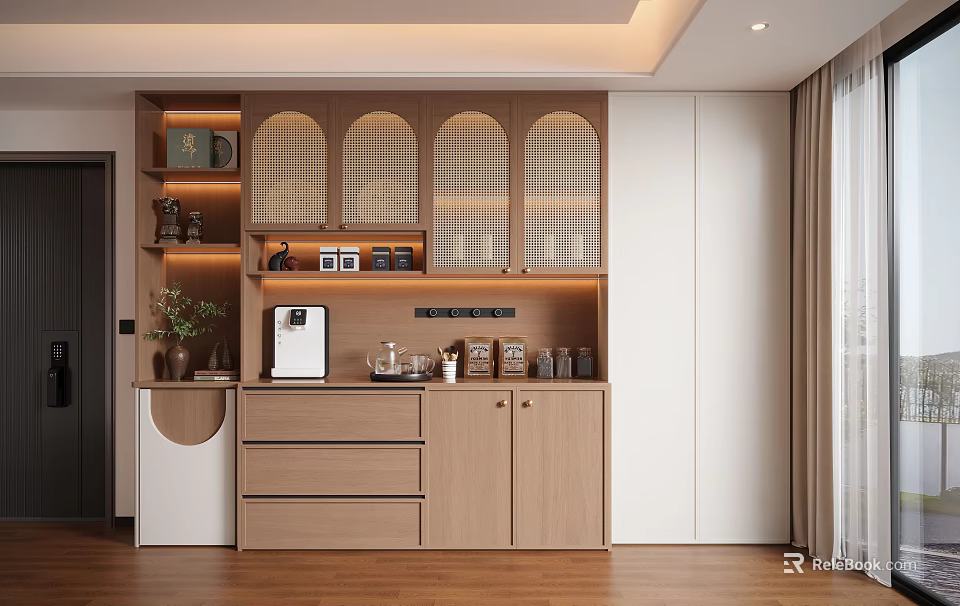 Wooden Sideboard With Grilled Glass Doors LED Lighting And Coffee Machine In Modern Kitchen 3d model 