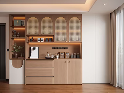 Wooden Sideboard With Grilled Glass Doors LED Lighting And Coffee Machine In Modern Kitchen 3d model