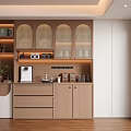 Wooden Sideboard With Grilled Glass Doors LED Lighting And Coffee Machine In Modern Kitchen