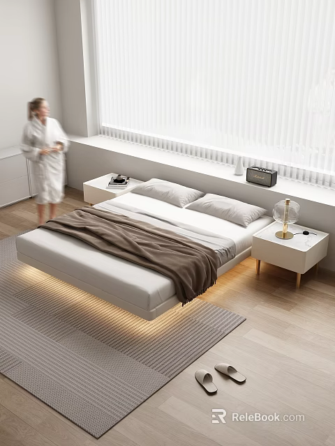 Modern Double Bed Bedroom Interior With White Bed Brown Blanket Bedside Tables And Large Windows 3d model 