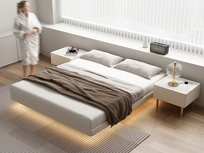 Modern Double Bed Bedroom Interior With White Bed Brown Blanket Bedside Tables And Large Windows 3d model