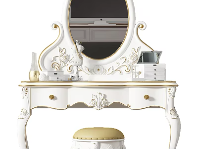 Elegant White Dressing Table Design With Carved Mirror Gold Accents And Stool 3d model