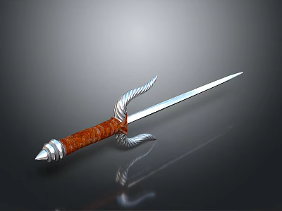 Detailed Medieval Sword With Brown Handle Silver Twisted Guard And Slender Blade 3d model