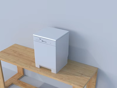 White Dishwasher Kitchen Appliance Placed On Wooden Bench Against Light Wall 3d model
