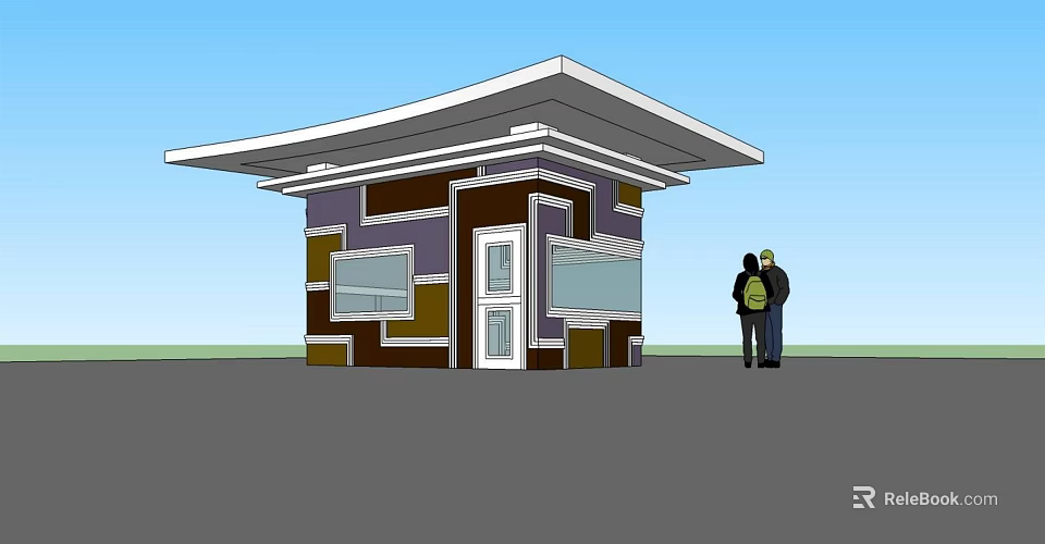 Modern Small Building With Colorful Geometric Exterior White Doors Windows And Flat Roof 3d model 