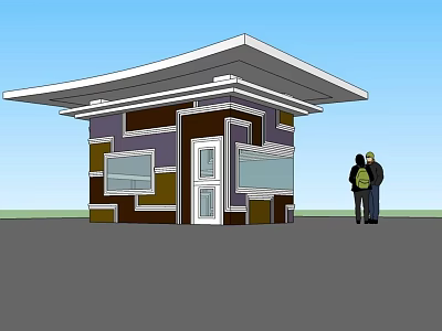 Modern Small Building With Colorful Geometric Exterior White Doors Windows And Flat Roof 3d model