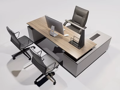 Modern Office Desk With Wooden Desktop Computer Monitor File Organizer And Ergonomic Chairs 3d model