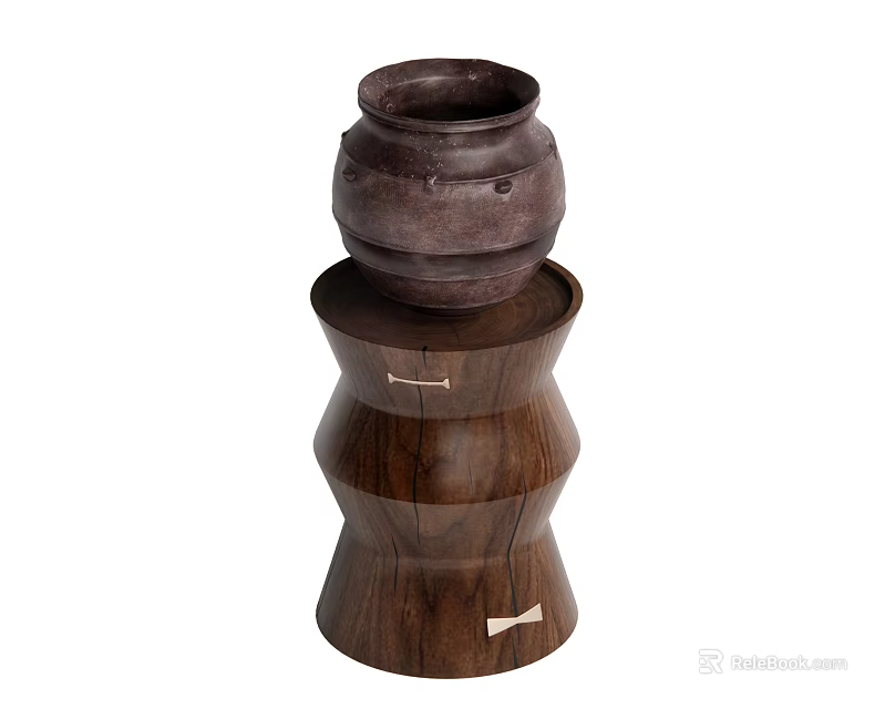 Walnut Wood Curved Design Side Table With Decorative Brown Pot On Top 3d model 