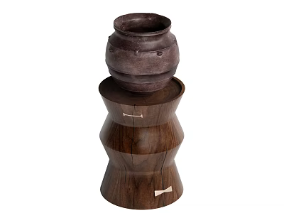 Walnut Wood Curved Design Side Table With Decorative Brown Pot On Top 3d model